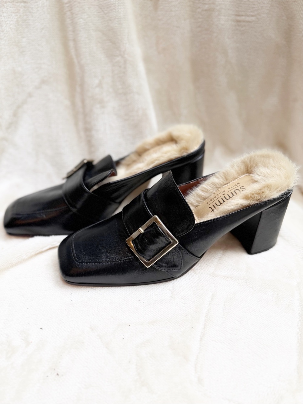 NWOT Black Leather Fur-Lined Buckle Mules